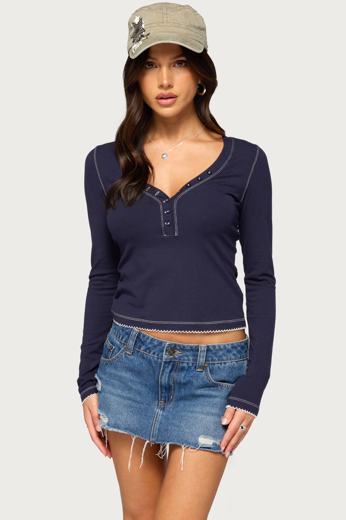 Yael Contrast Stitch Henley Top