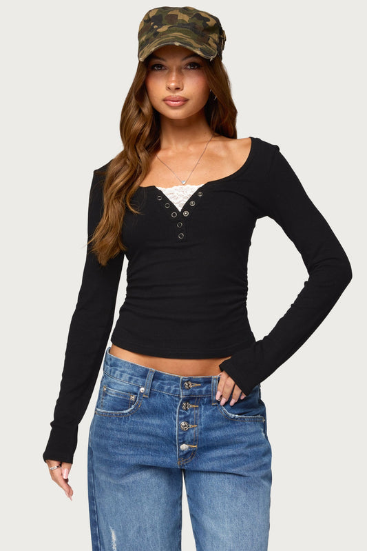 Jackee Lacey Ribbed Henley Top
